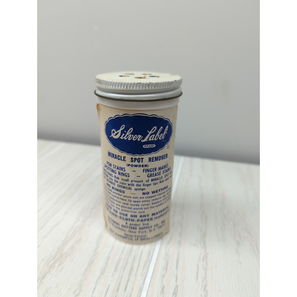 vintage Silver Label miracle‎ hat spot remover powder canister advertising decor